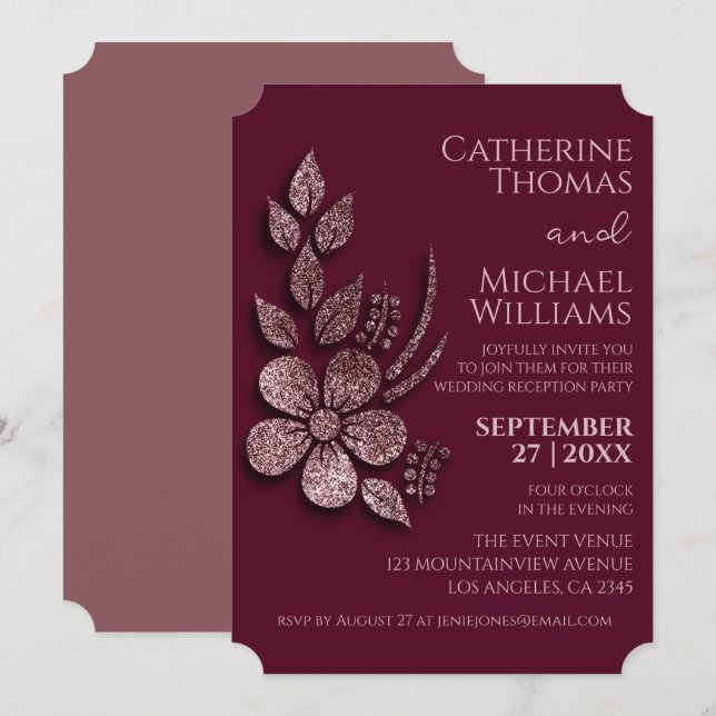 Convites Floral e Borgonha Dourada do Elegante Moderno (Frente/Verso)