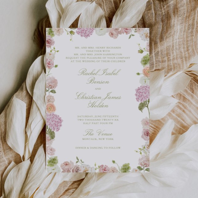 Convites Floral Elegance Pink Green Frame Wedding (Criador carregado)