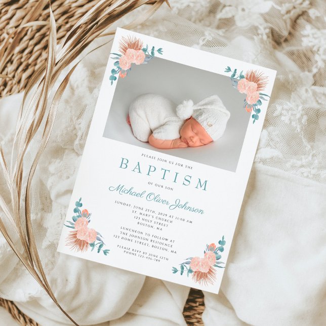 Convites Floral Elegant Boy Photo Baptism (Floral Elegant Boy Photo Baptism Invitation)