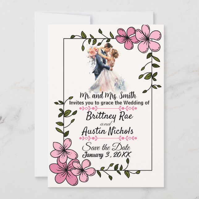Convites Floral Elegant Couple Wedding Invitation (Frente)