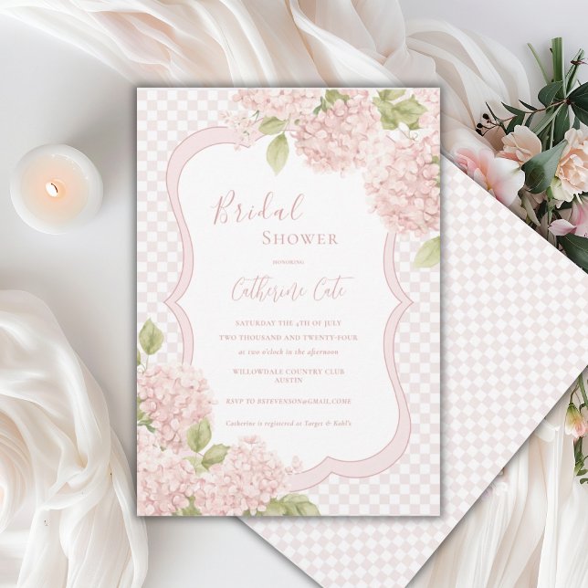 Convites Floral Elegant Pink Hydrangea Plaid Bridal Shower (Criador carregado)