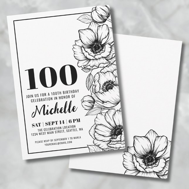 Convites Floral Elegante 100º Aniversário (Elegant Floral 100th Birthday Invitation)