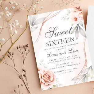 Convites Floral Elegante Brilho Doce Dezesseis 16 Aniversár