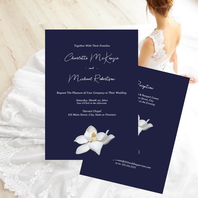 Convites Floral Elegante da Magolia Branca no Casamento do  (Navy and White Magnolia Elegant Floral Wedding Invitation)