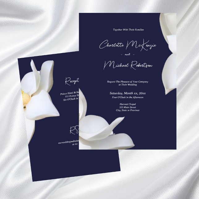 Convites Floral Elegante da Magolia Branca no Casamento do  (White Magnolia Elegant Floral on Navy Wedding Invitation)