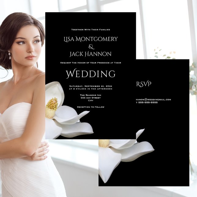 Convites Floral Elegante da Magolia Branca no Casamento Neg (White Magnolia Elegant Floral on Black Wedding Invitation With RSVP)