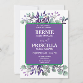 Convites Floral Elegante de Noiva Branco Texto Roxo Casamen