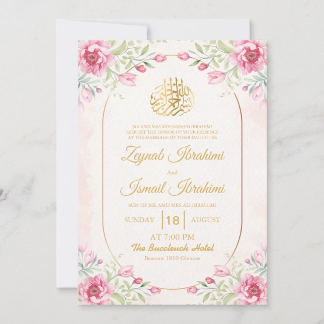 Convites Floral Elegante, Deixa Casamento Islâmico Rosa Muç (Frente)
