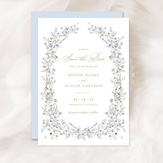 Convites Floral Elegante Dusty Blue Wreath Salvar a Data (Criador carregado)