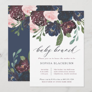Convites Floral Elegante  Marinho Blue e Plum Baby Brunch
