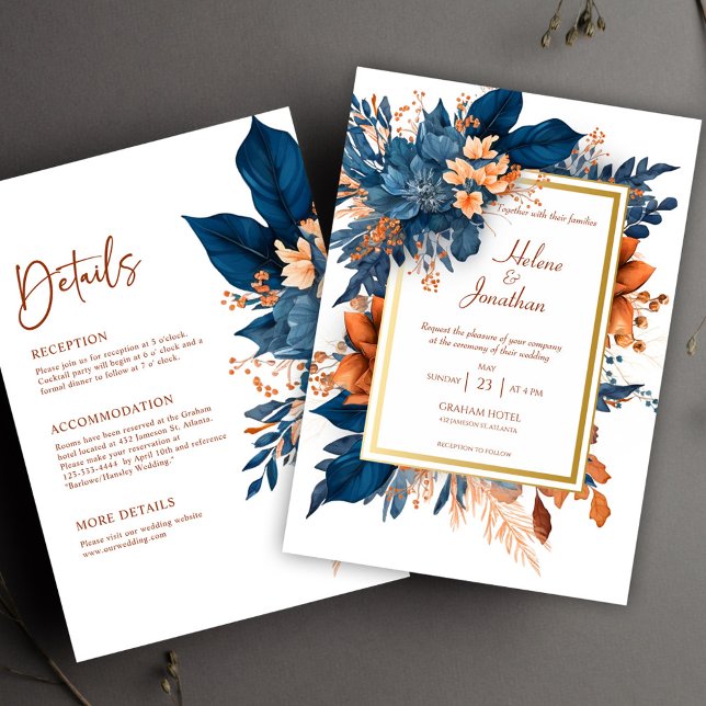Convites Floral Elegante Moderno marinho Azul Tudo Em Um Ca (Navy Blue Modern Elegant Floral All In One Wedding Invitation)