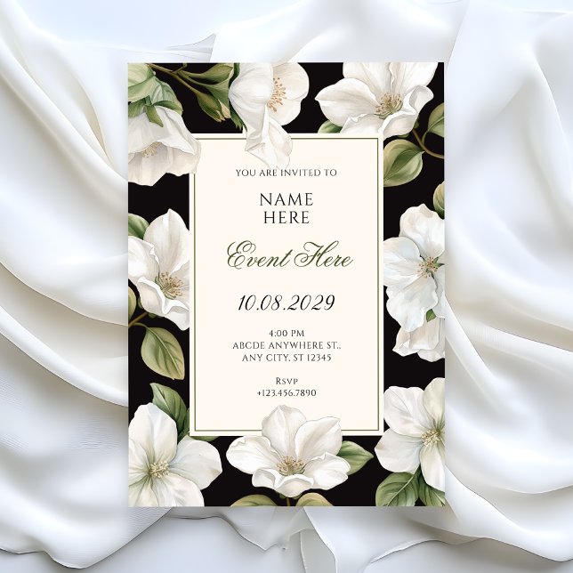 Convites Floral elegante preto e branco (Criador carregado)
