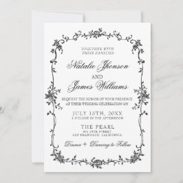 Convites Floral Elegante Preto e Branco Botânico Casamento