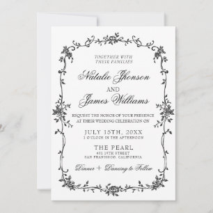 Convites Floral Elegante Preto e Branco Botânico Casamento