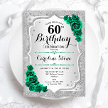 Convites Floral Elegante Verde Silver 60º Aniversário<br><div class="desc">60º Convite de aniversário. Elegante design verde esmeralda floral com rosas. Apresenta faixas de prata com brilho inverso e fonte de script. Perfeito para uma comemoração de dia das mulheres na moda. Pode ser personalizado para qualquer idade! Impressos convites Zazzle ou modelo de impressão digital instantânea para download.</div>