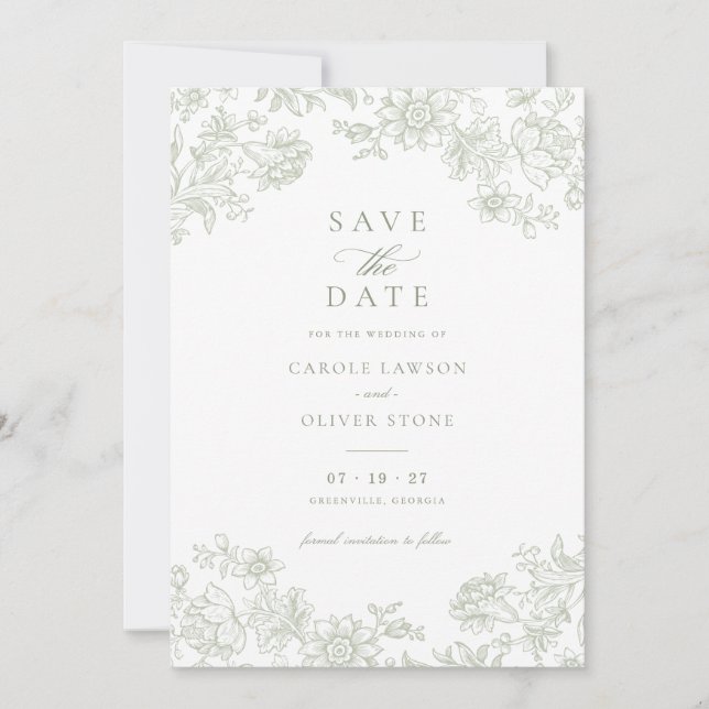 Convites Floral Elegante Vintage Verde Salve a Data (Frente)