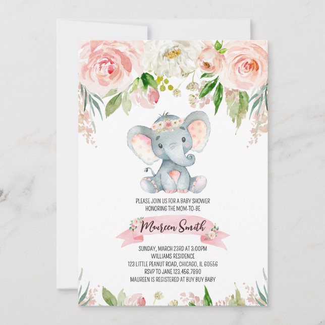 Convites Floral Elephant Baby Shower (Frente)