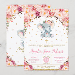 Convites Floral Elephant Christening Baptism Girl