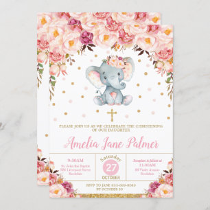 Convites Floral Elephant Christening Baptism Girl