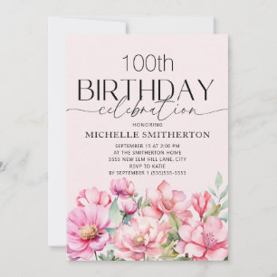 Convites Floral em Aquarela Rosa Aniversário de 100 anos