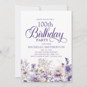 Convites Floral em Aquarela Roxo Aniversário de 100 anos