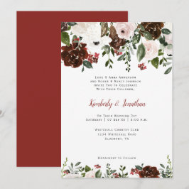 Convites Floral em Aquarela Verde Marrom Claro Vermelho Ind