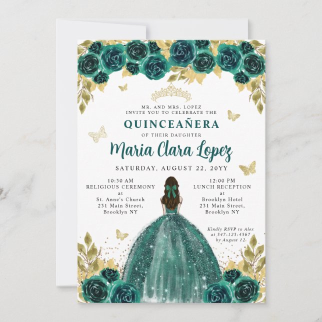 Convites Floral Emerald Dourada Butterfly Princesa Quincean (Frente)
