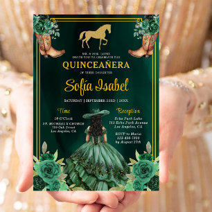 Convites Floral Emerald Green Boots Horse Quinceanera