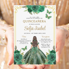 Convites Floral Emerald Green Butterfly Dourada Quinceanera