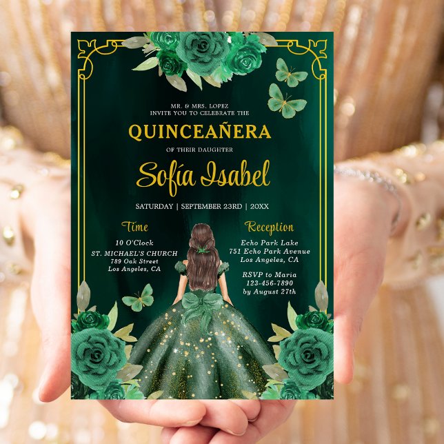 Convites Floral Emerald Green Butterfly Dourada Quinceanera (Criador carregado)