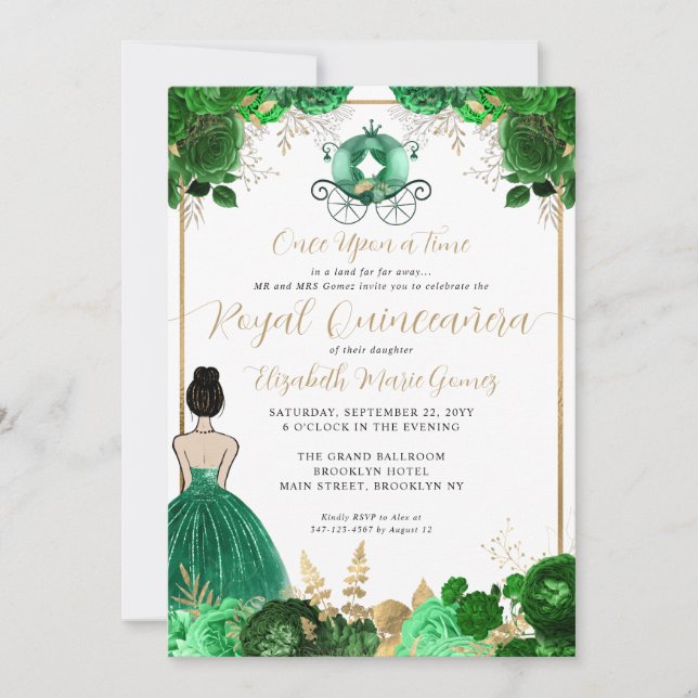 Convites Floral Emerald Green Cinderella Royal Quinceanera (Frente)