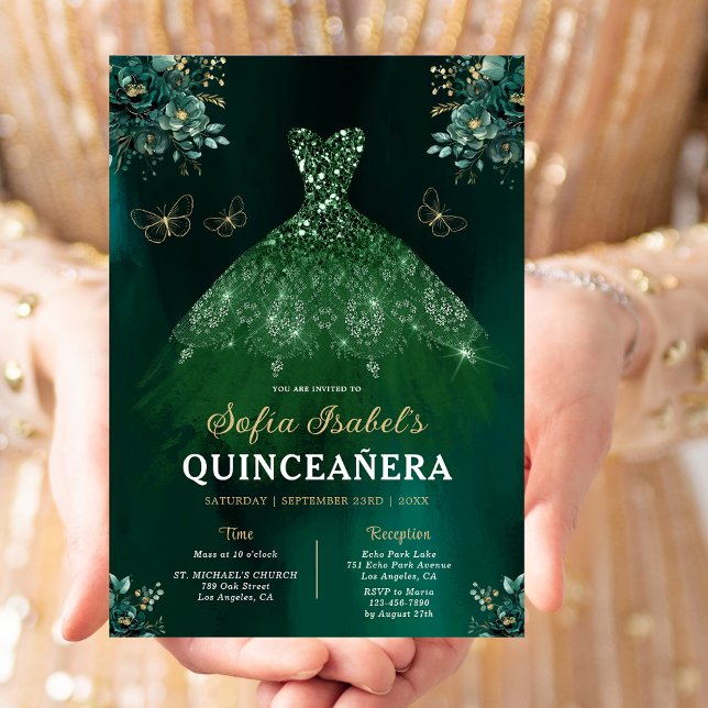 Convites Floral Emerald Green Dress Birthday Quinceanera (Criador carregado)