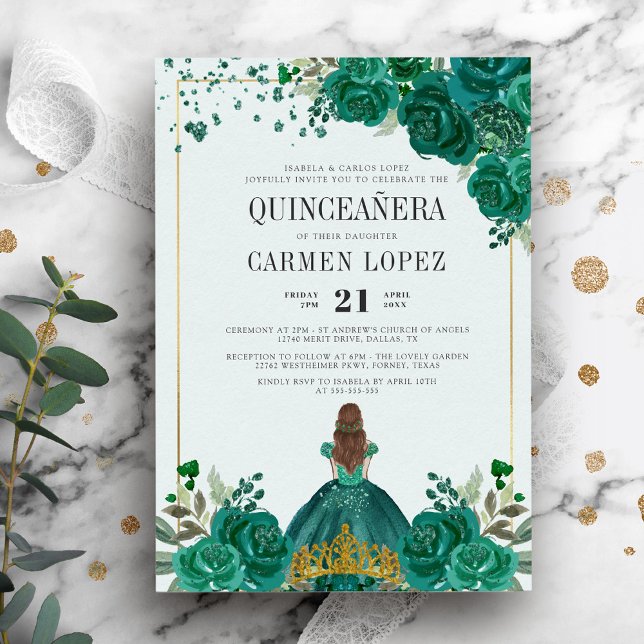 Convites Floral Emerald Green Princess Quinceanera (Criador carregado)