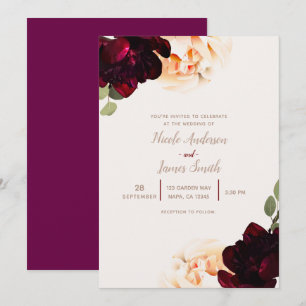 Convites Floral Escuro Creme Marsala Elegante Chic Casament