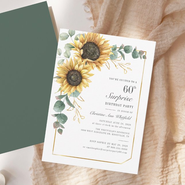 Convites Floral Eucalyptus Sunflower 60th Festa de aniversá (Floral Sunflower Eucalyptus Script 60th Birthday Party Invitation)