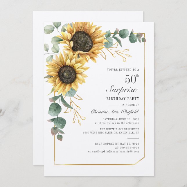Convites Floral Eucalyptus Sunflower Script 50th Birthday (Frente/Verso)