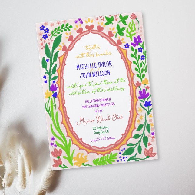 Convites Floral Excêntrico Única Caprichosa Doodle Desenhad (Unique Whimsical Floral Quirky Doodle Hand Drawn Invitation)