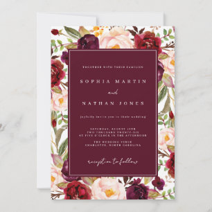 Convites Floral Exuberante Borgonha Verde Casamento com Aqu