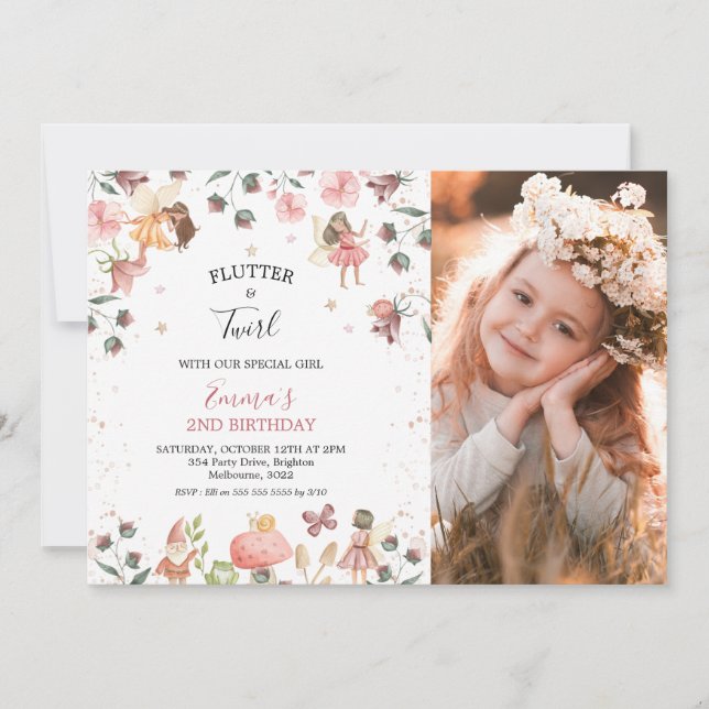 Convites Floral Fairies Girls Fotografia Festa de aniversár (Frente)