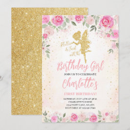 Convites Floral Fairy Birthday Dourada Glitter