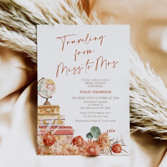Convites Floral Fall Traveling da Sra. Chá de panela (Boho Floral Fall Traveling from Miss to Mrs Bridal Shower Invitation, Burn Orange, Rust Boho Floral)