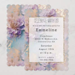 Convites Floral Feminino Roxo Azul e Dourado