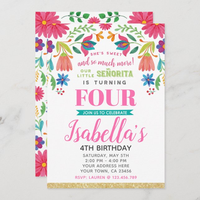 Convites Floral Fiesta 4th Birthday Invitation (Frente/Verso)