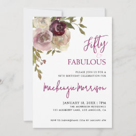 Convites Floral Fifty and Fabulous Script Birthday Party