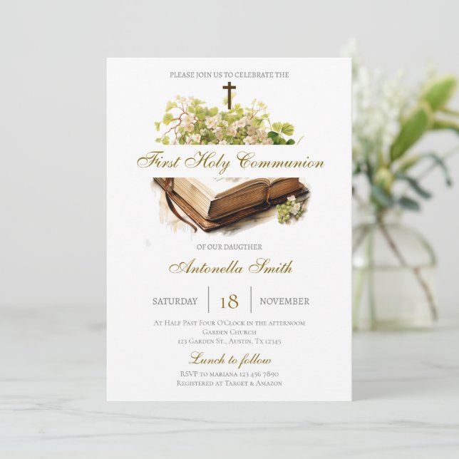 Convites Floral First Holy Communion for girl (Em pé/Frente)