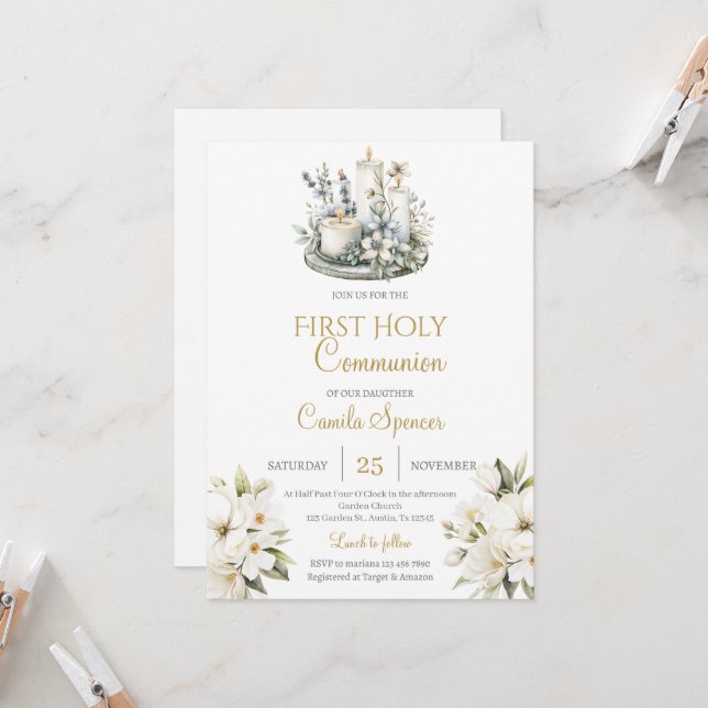 Convites Floral First Holy Communion for girl Invitation (Frente/Verso In Situ)