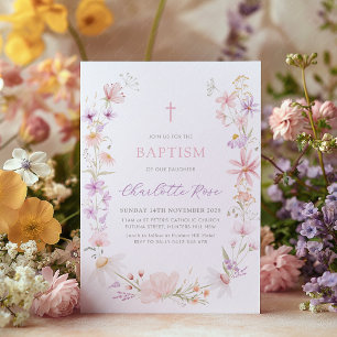 Convites Floral Flor Silvestre Rosa Batismo Batizado Menina