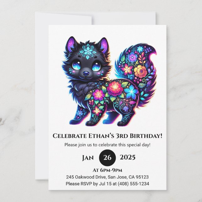 Convites Floral Folk Fantasy Wolf Birthday (Frente)