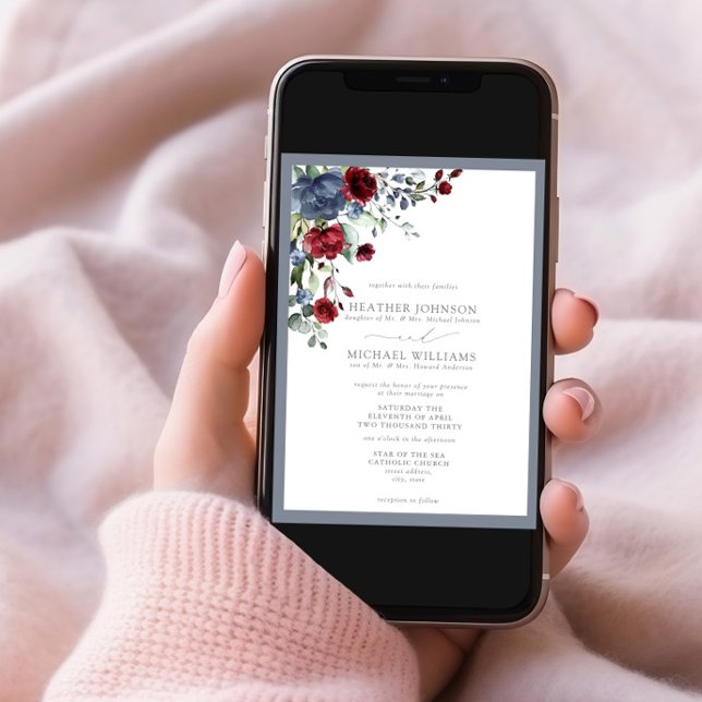 Convites Floral Formidável Azul Borgonha Aquarela (Criador carregado)