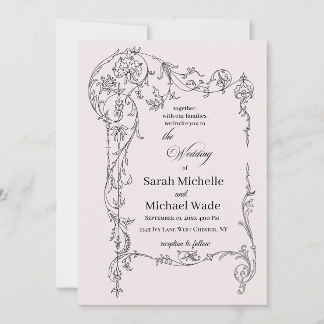 Convites Floral Frame Calligraphy Wedding Invitation (Frente)
